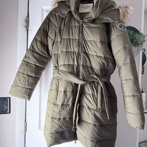 Abercrombie & Fitch Khaki Puffer Coat with Fur Hood